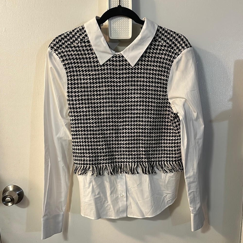 ZARA Black and White Long Sleeve Woven Fringe
Collar Blouse - Picture 7 of 8